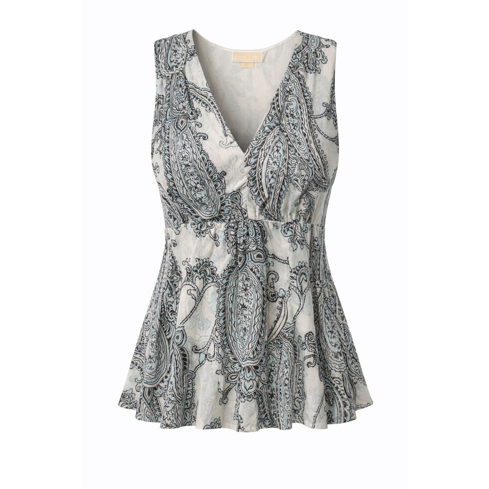 Michael Kors XL Paisley Sleeveless Blouse Blue Gray Peplum Top V Neck Tank